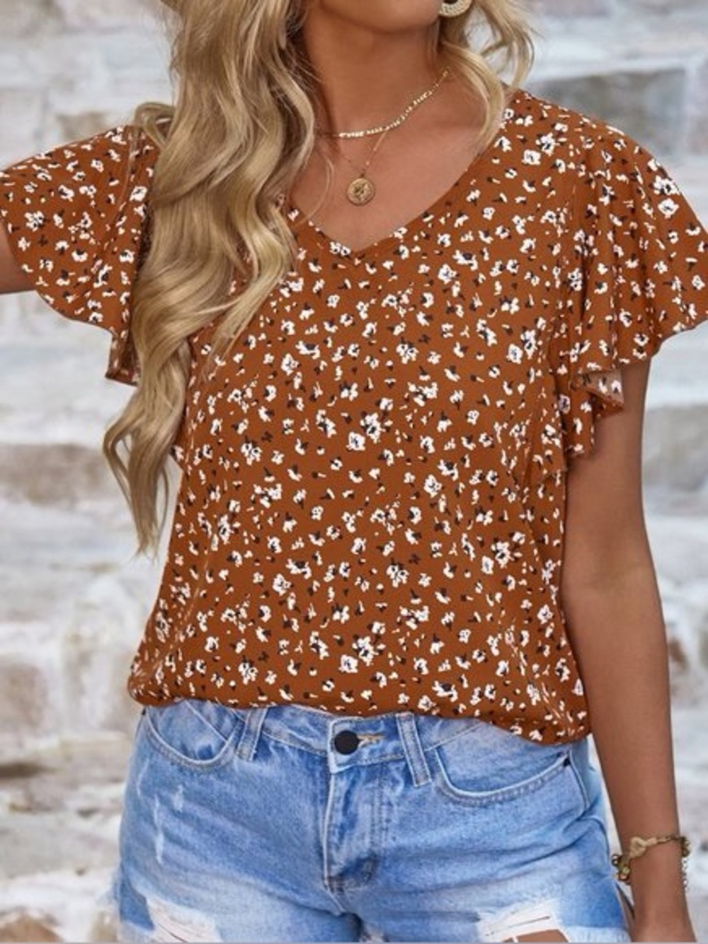 SHEIN Rust Floral V-Neck Flutter Sleeve Blouse
